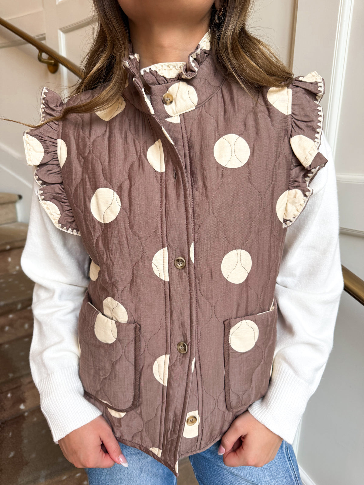 Mocha Polka Dot Ruffle Vest