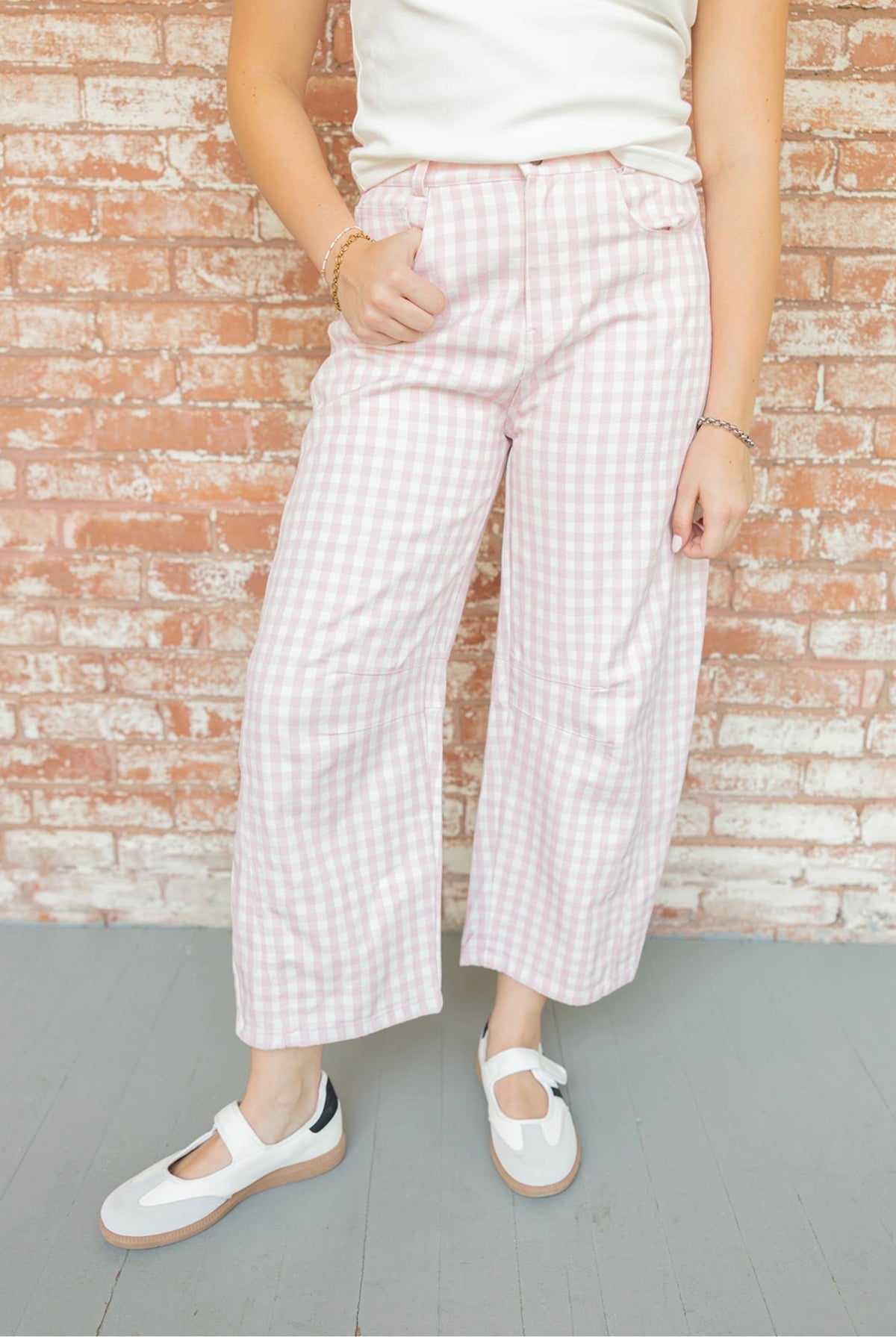 Pink Gingham Barrel Jeans