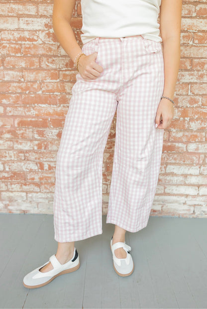 Pink Gingham Barrel Jeans
