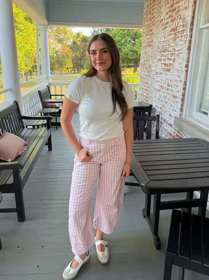 Pink Gingham Barrel Jeans