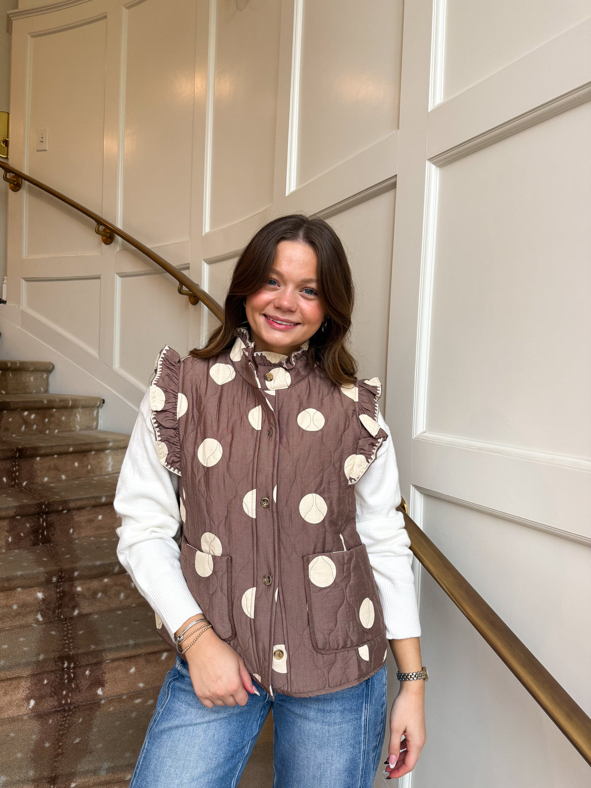 Mocha Polka Dot Ruffle Vest